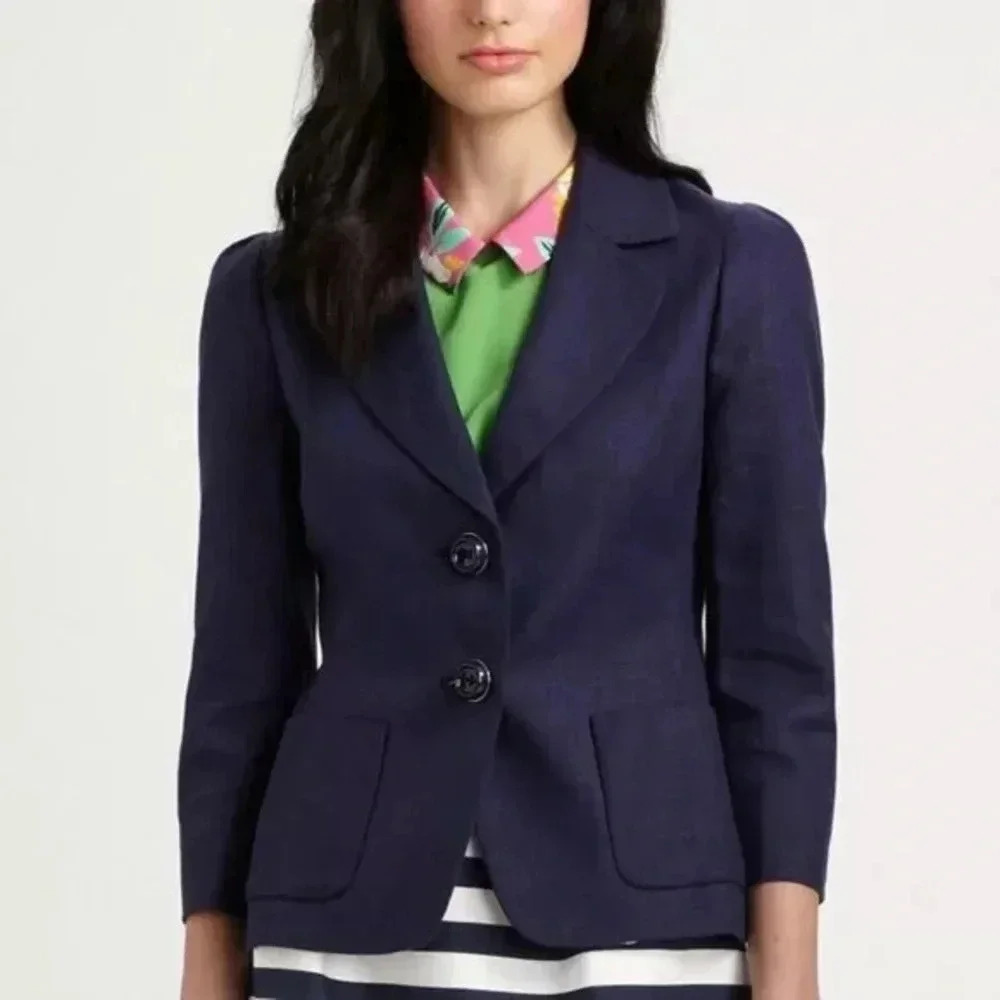 Kate Spade Cropped Two Button & Pocket Blazer Jacket French Navy Blue Sz 2
